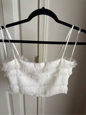 Princess Polly White Fringe Tiered Cropped Cami with Front Zip